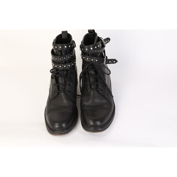 MAJE Black Leather Combat Moto Studded Lace Up Boots Booties Size 39 - Picture 11 of 13